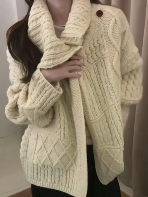 Collar Plain Cable Knit Sweater - Image 2