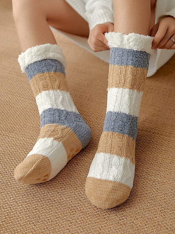 Color Block Striped Fleece Lined Home Socks - Image 11
