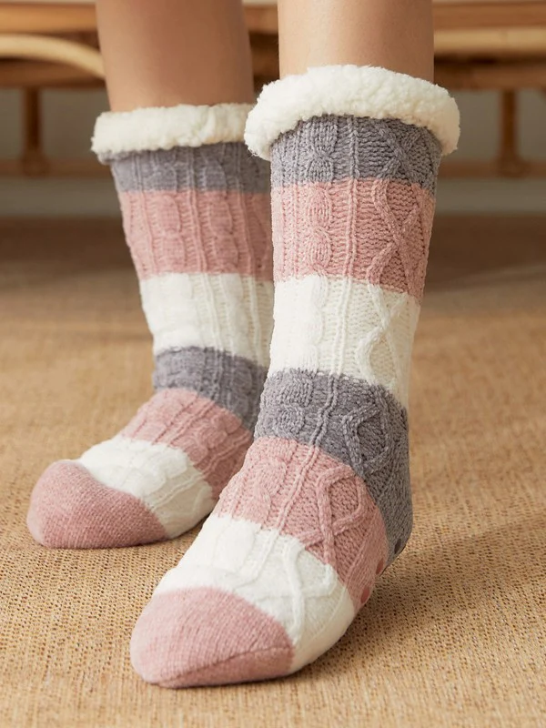 Color Block Striped Fleece Lined Home Socks - Image 12