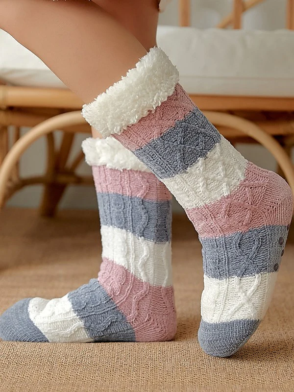 Color Block Striped Fleece Lined Home Socks - Image 13