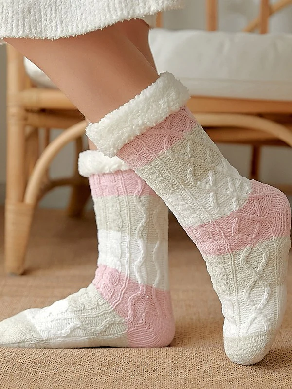 Color Block Striped Fleece Lined Home Socks - Image 14