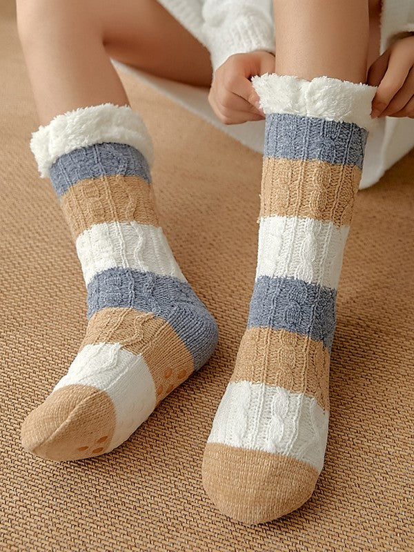 Color Block Striped Fleece Lined Home Socks - Image 15