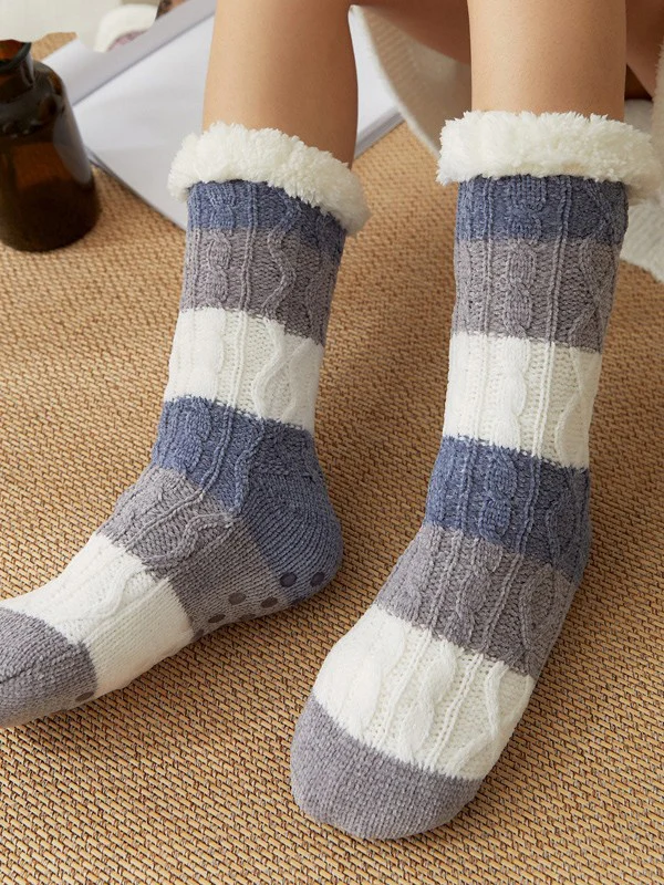 Color Block Striped Fleece Lined Home Socks - Image 16