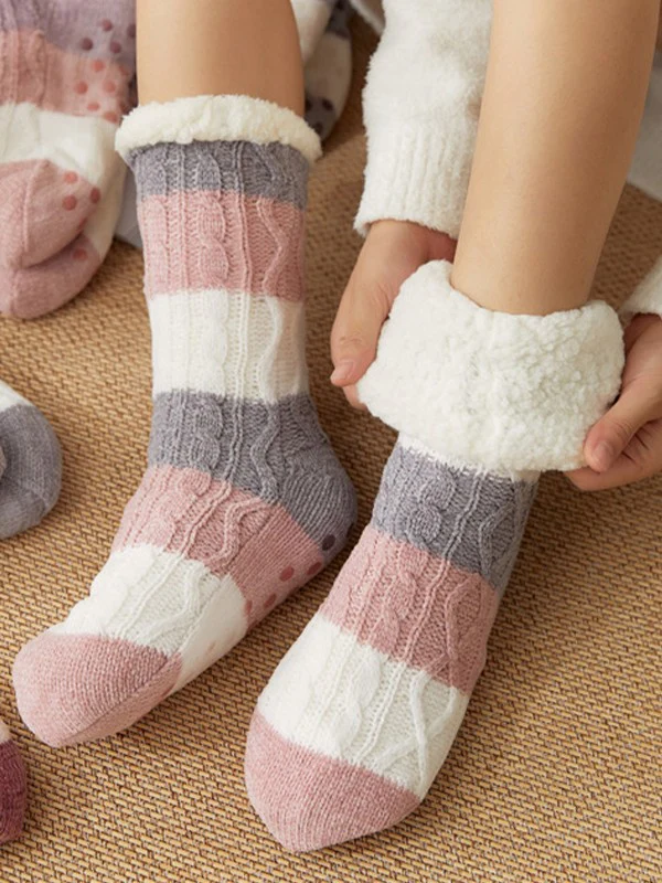 Color Block Striped Fleece Lined Home Socks - Image 17