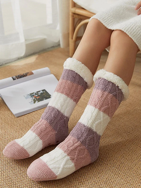 Color Block Striped Fleece Lined Home Socks - Image 18