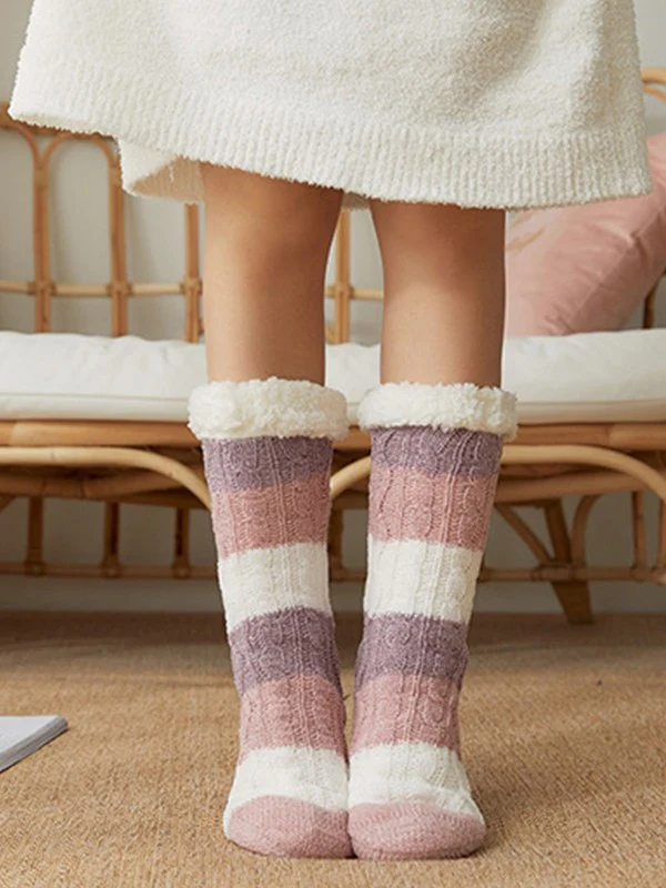 Color Block Striped Fleece Lined Home Socks - Image 3