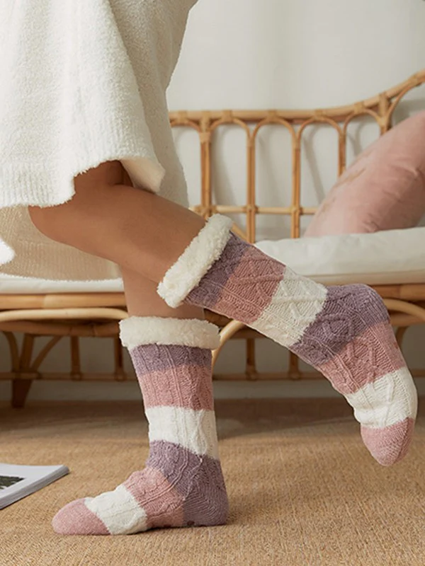 Color Block Striped Fleece Lined Home Socks - Image 4