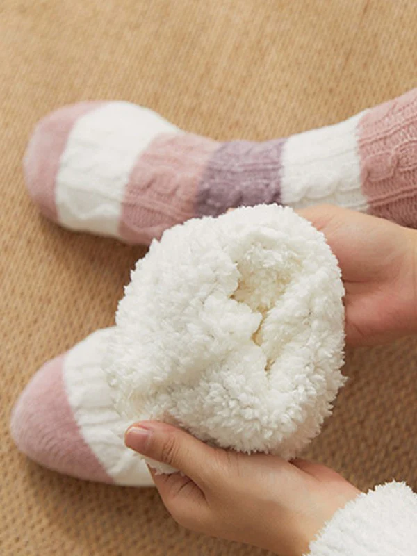 Color Block Striped Fleece Lined Home Socks - Image 5