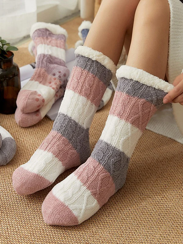 Color Block Striped Fleece Lined Home Socks - Image 6
