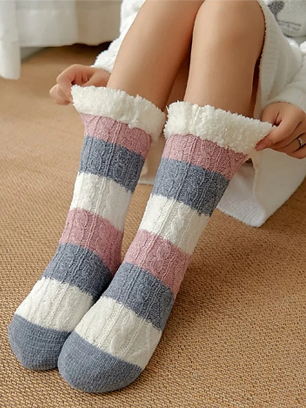 Color Block Striped Fleece Lined Home Socks - Image 8