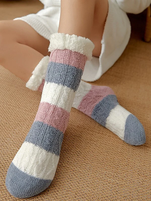 Color Block Striped Fleece Lined Home Socks - Image 9
