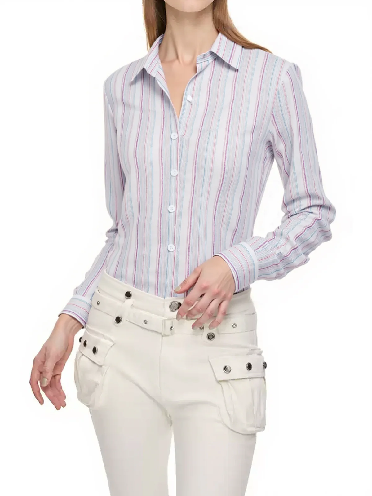 Colorful Stripe Print Button Up Long Sleeve Shirt - Image 2