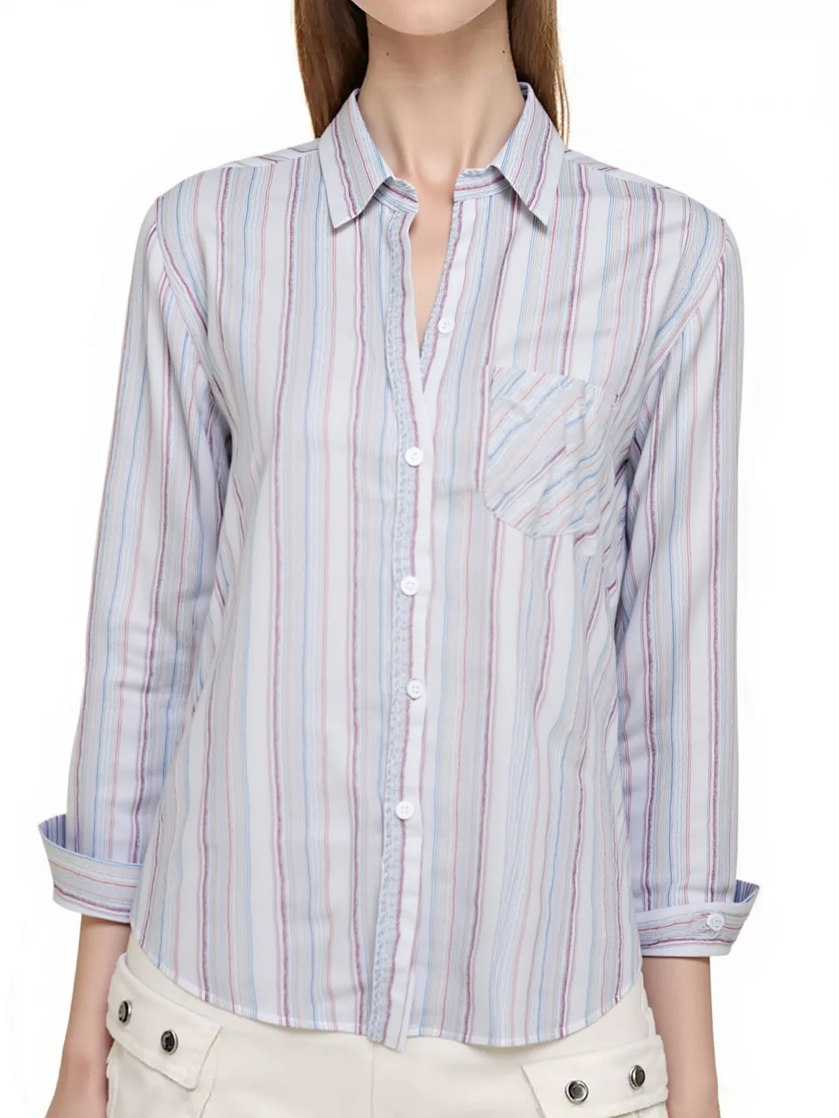 Colorful Stripe Print Button Up Long Sleeve Shirt - Image 3