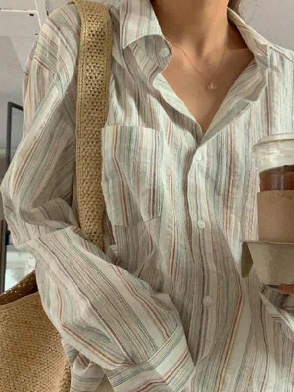 Colorful Stripe Print Button Up Long Sleeve Shirt - Image 5