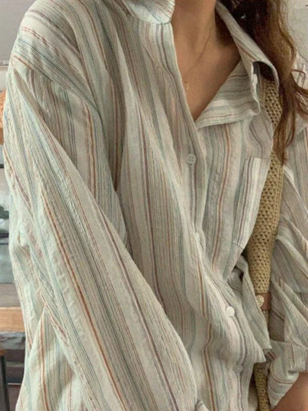 Colorful Stripe Print Button Up Long Sleeve Shirt - Image 6