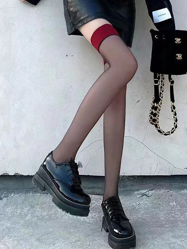 Contrasting Cuff Sheer Thigh High Socks - Image 3