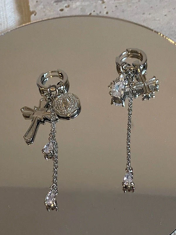 Cross Pendant Zircon Tassel Hoop Earrings - Image 2