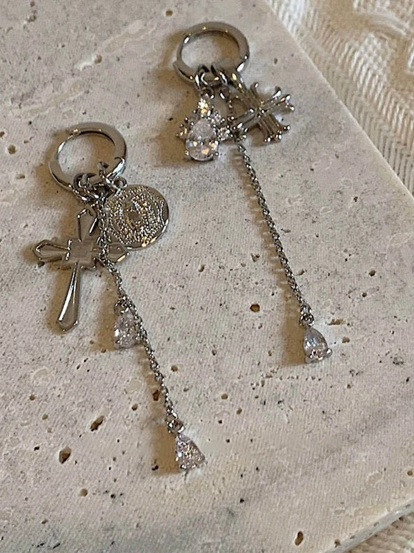 Cross Pendant Zircon Tassel Hoop Earrings - Image 4