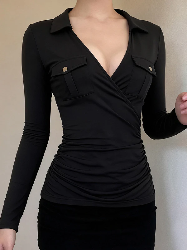 Cross-Pleated V-Neck Long Sleeve - Image 3