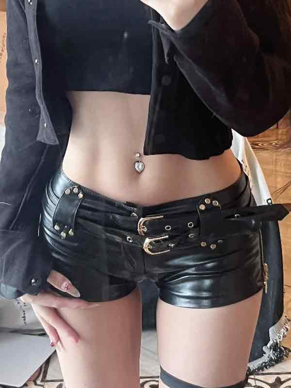 Dark leather hollow Shorts - Image 2