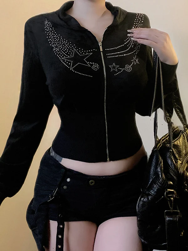 Dark-Themed Rhinestone-Embellished Print Jacket - Image 2
