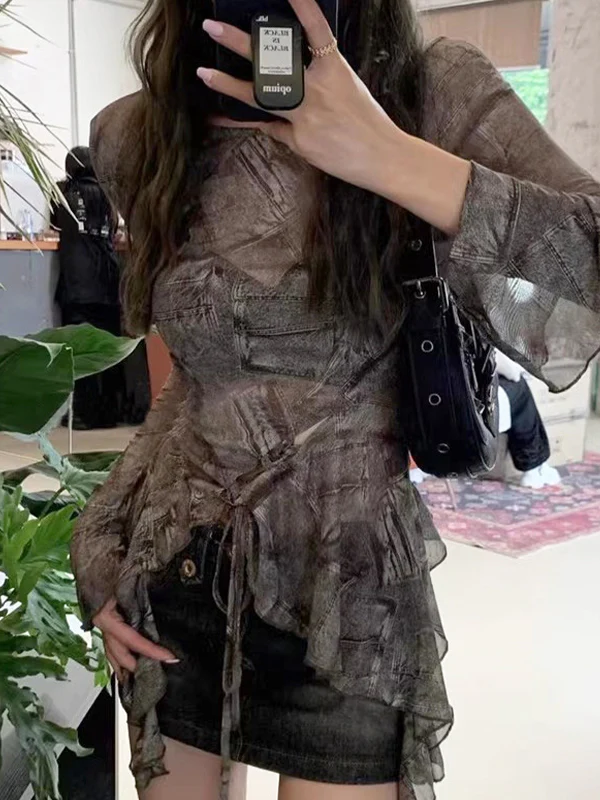 Denim Printed Top Long-Sleeve