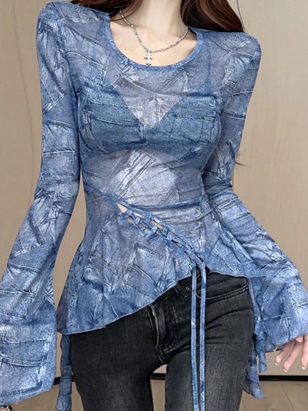 Denim Printed Top Long-Sleeve - Image 3