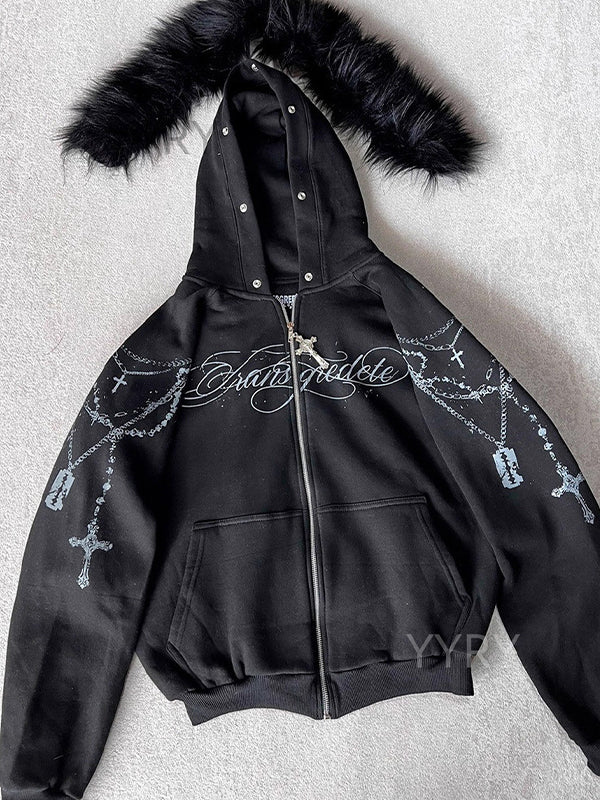Detachable Fleece Hooded Print Jacket - Image 3
