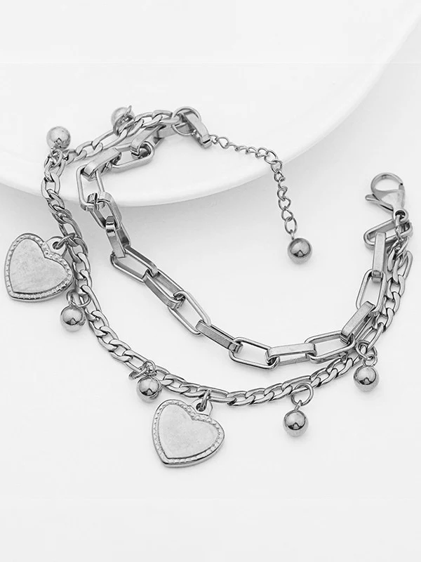 Double Layer Heart Charm Link Chain Bracelet - Image 3