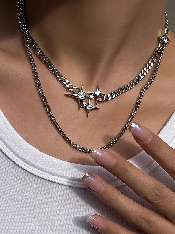 Double Layered Chain Rhinestone Star Charm Necklace - Image 2