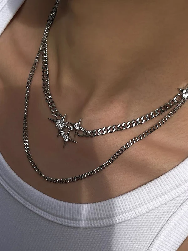 Double Layered Chain Rhinestone Star Charm Necklace - Image 3