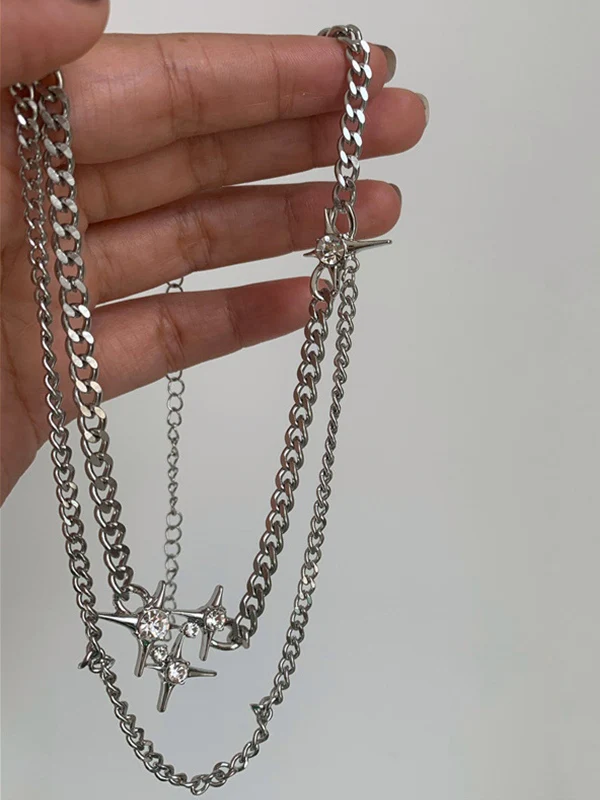 Double Layered Chain Rhinestone Star Charm Necklace - Image 4