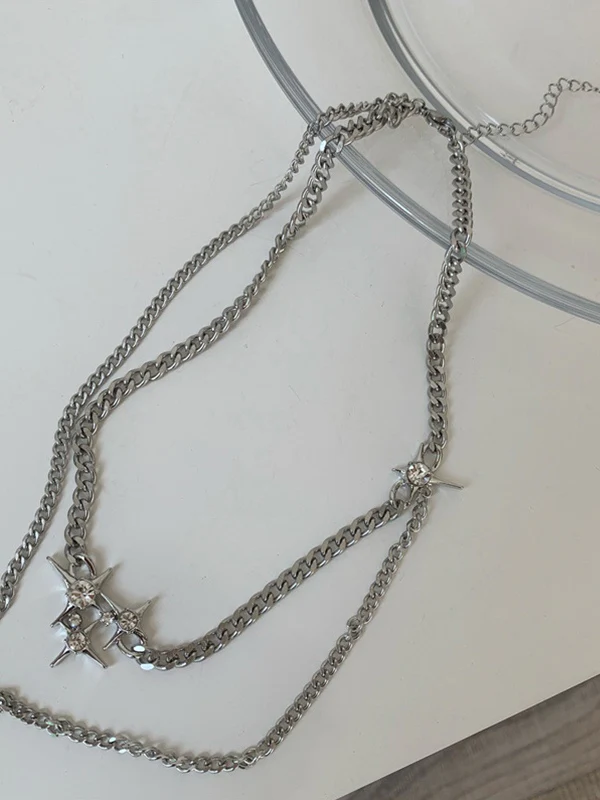 Double Layered Chain Rhinestone Star Charm Necklace - Image 5