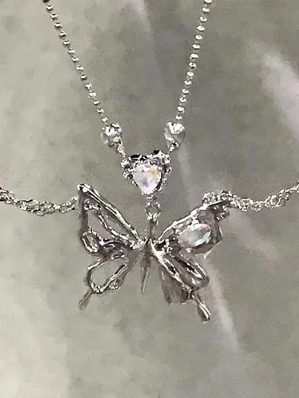 Double Layered Rhinestone Butterfly Pendant Necklace