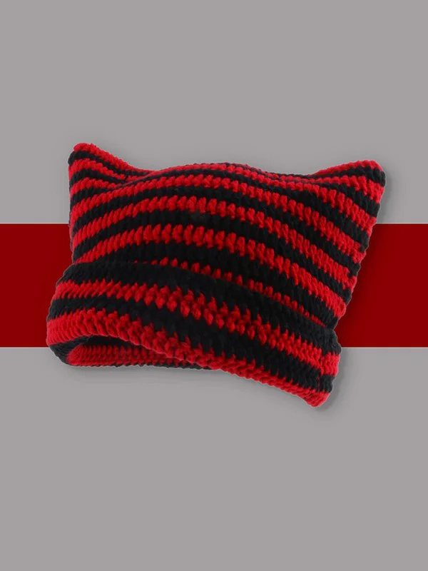 Ear Design Contrast Striped Beanie Hat