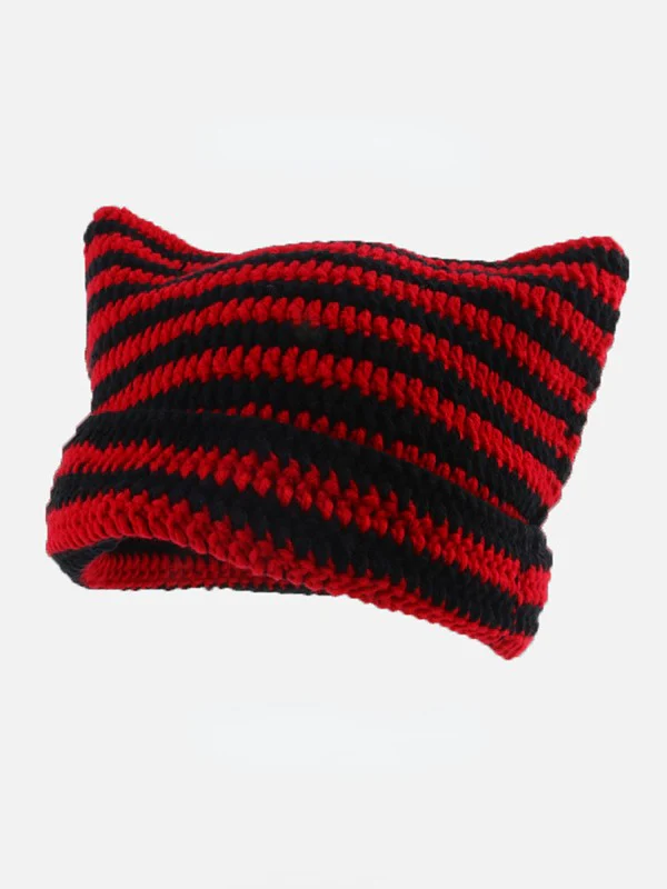 Ear Design Contrast Striped Beanie Hat - Image 6
