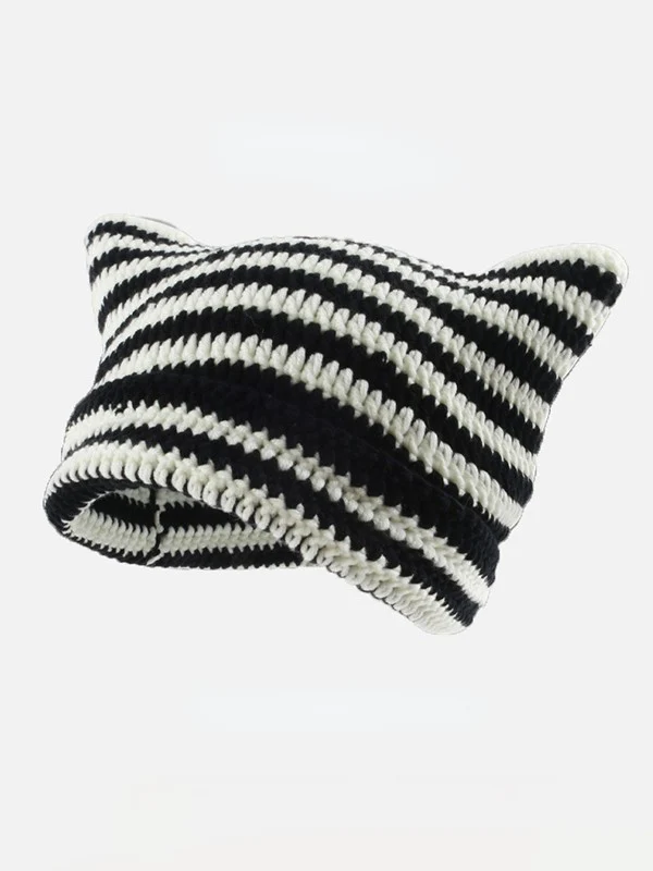 Ear Design Contrast Striped Beanie Hat - Image 7