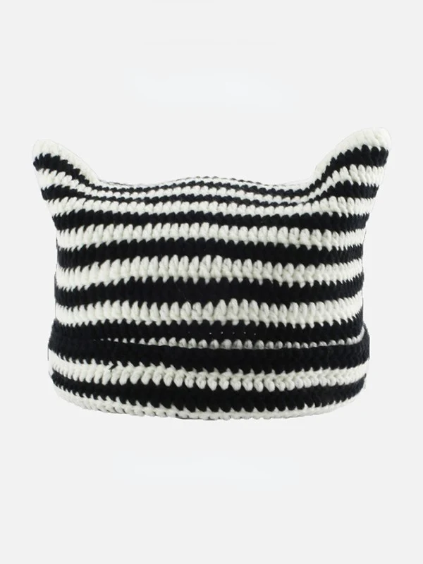 Ear Design Contrast Striped Beanie Hat - Image 8