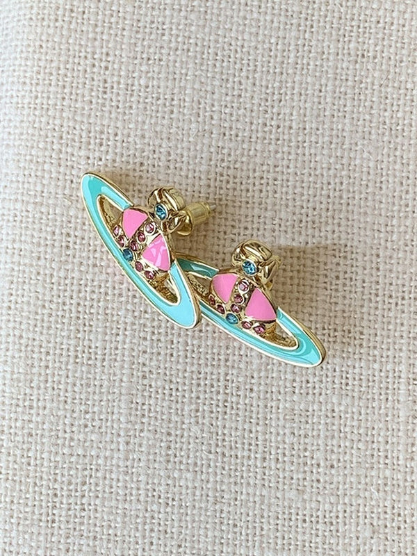 Enamel Rhinestone Saturn Charm Earrings - Image 2