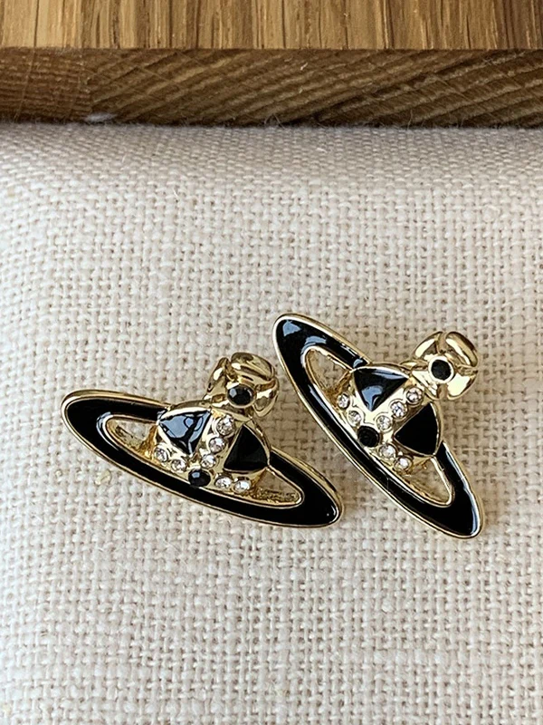 Enamel Rhinestone Saturn Charm Earrings - Image 3