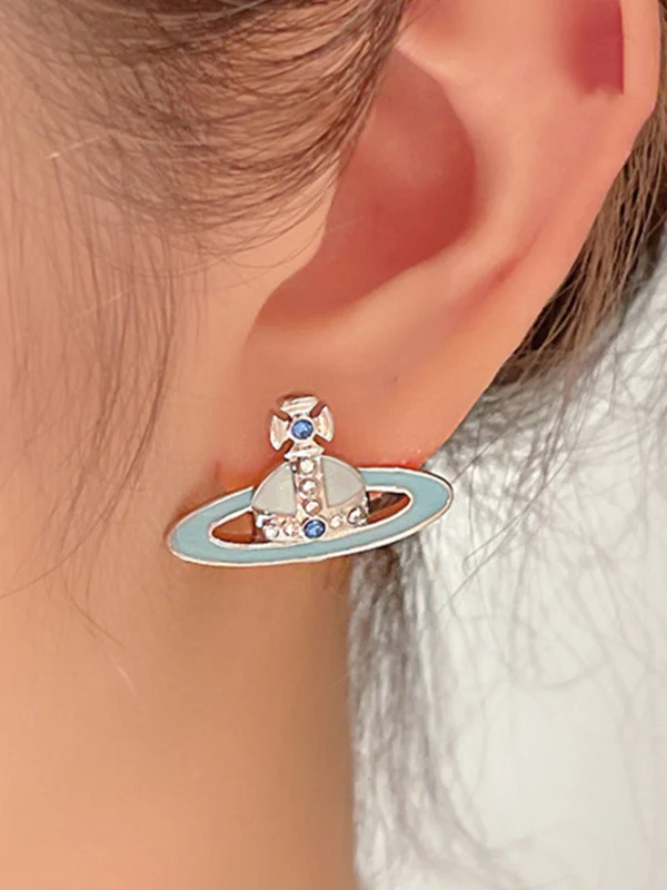 Enamel Rhinestone Saturn Charm Earrings - Image 6