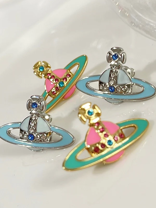 Enamel Rhinestone Saturn Charm Earrings - Image 7