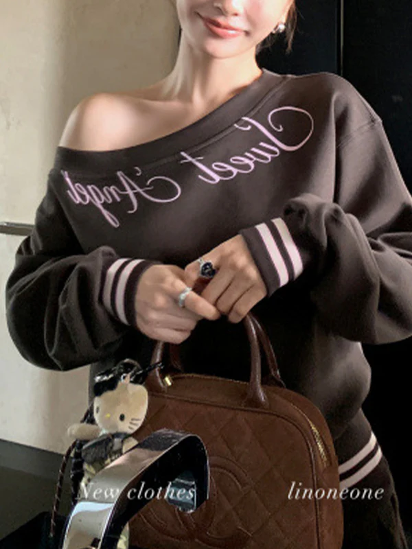 English Slogan Slanted Shoulder Long Sleeve