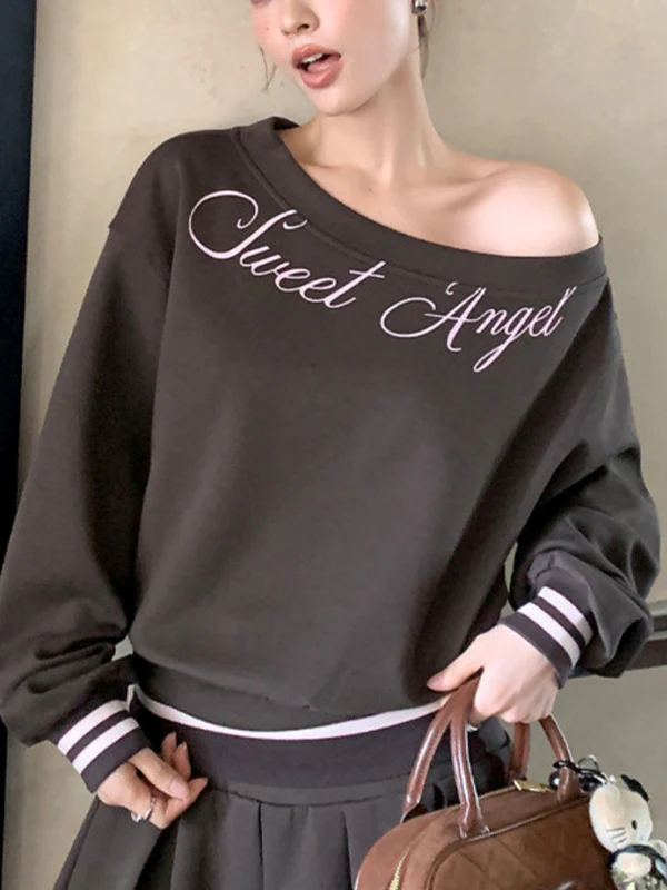 English Slogan Slanted Shoulder Long Sleeve - Image 2