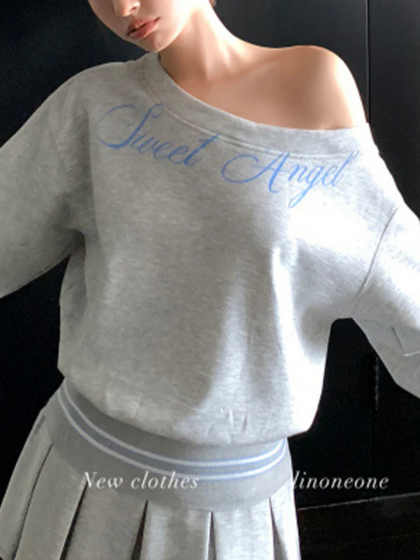 English Slogan Slanted Shoulder Long Sleeve - Image 3