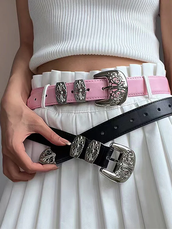 Engraved Cutout Cross Buckle Belt - Image 11
