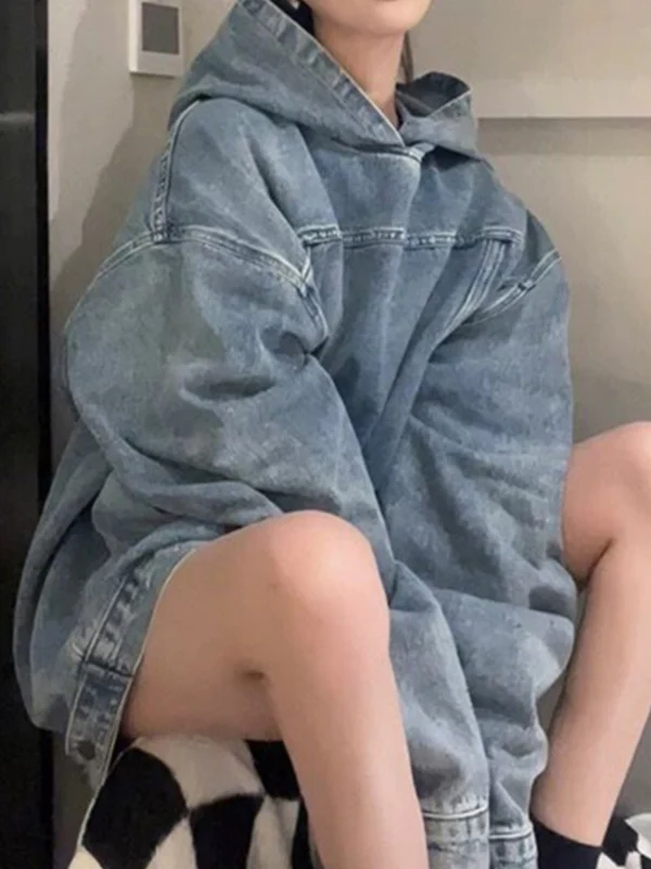 Faux Denim Hooded Loose Sweatshirt - Image 2
