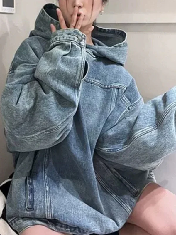 Faux Denim Hooded Loose Sweatshirt - Image 3