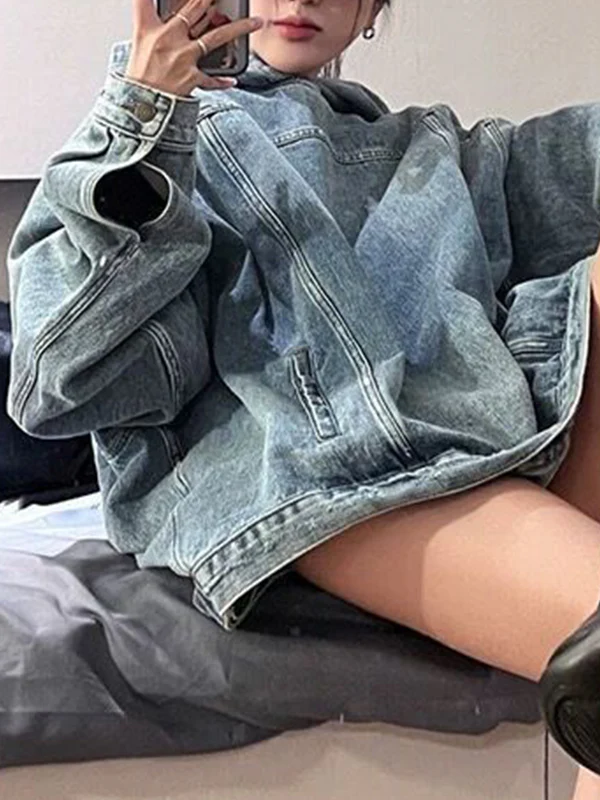 Faux Denim Hooded Loose Sweatshirt - Image 4