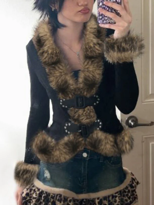 Faux Fur Patchwork Buckle Jacket - Image 2